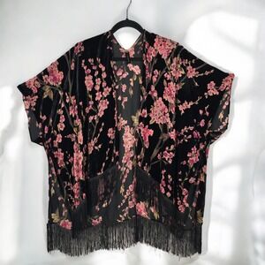 Lane Bryant Floral Burn out Velvet Kimono Topper Woman L Fringe Trim Open‎ Front